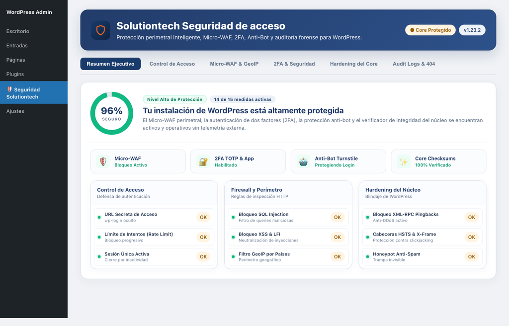 Lanzamos "Solutiontech Seguridad de Acceso": El plugin oficial para blindar WordPress contra bots, ataques de fuerza bruta y vulnerabilidades 1 screenshot 1